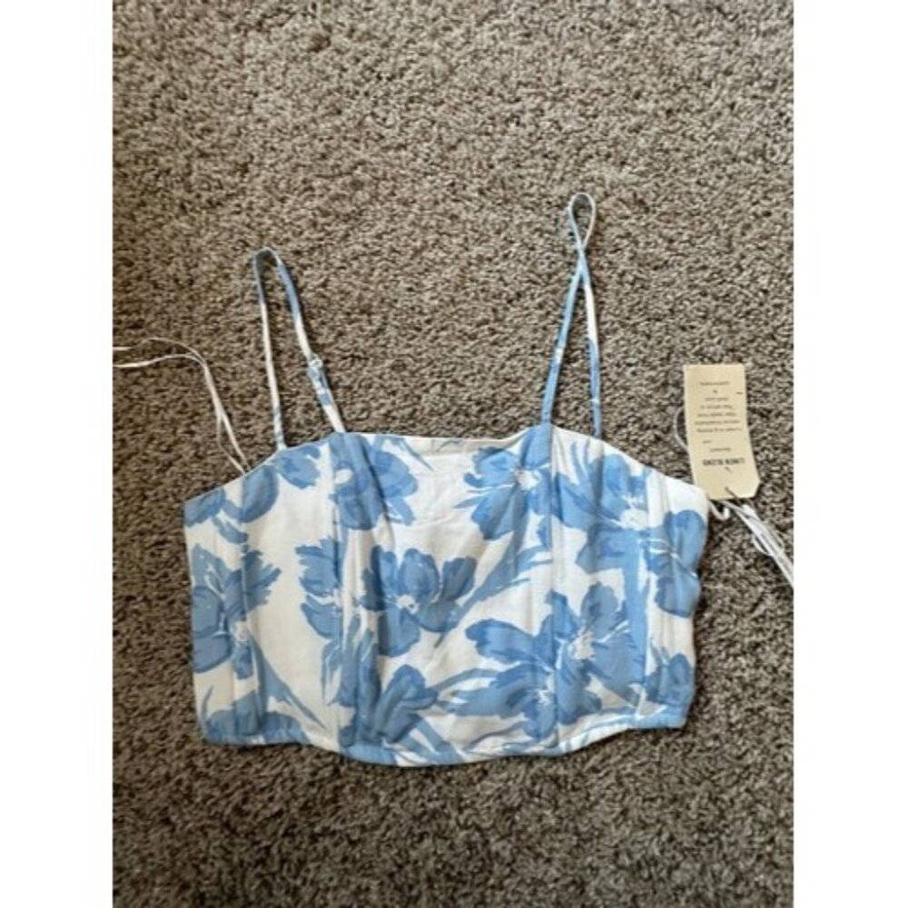 Midnight Sky Womens Tropical Print Cropped Top Adj Smocked Back Size Medium